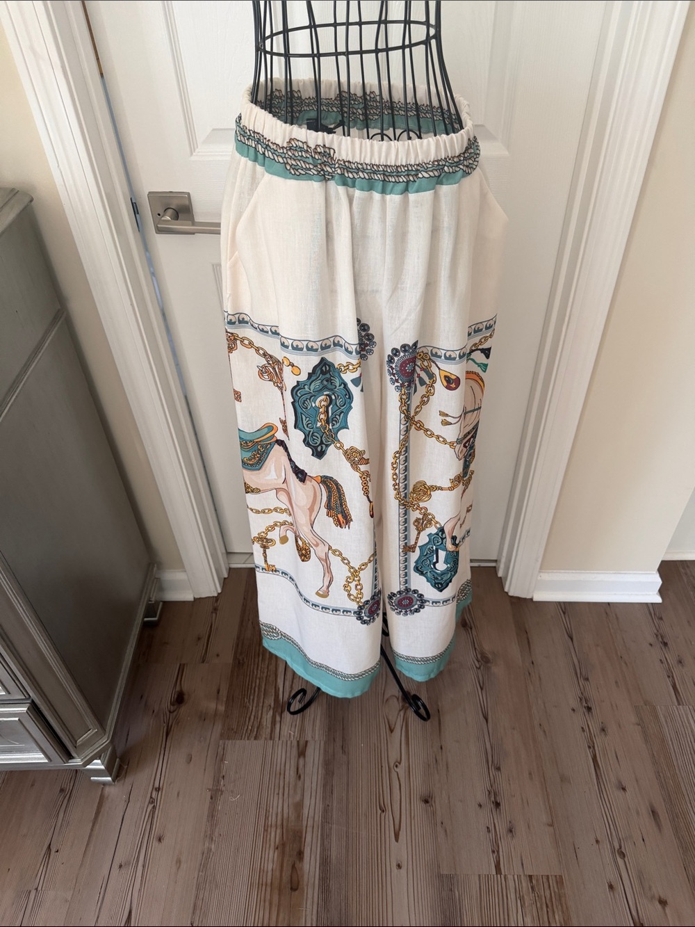 Boho Wide-Leg Palazzo Pants in Cream and Teal